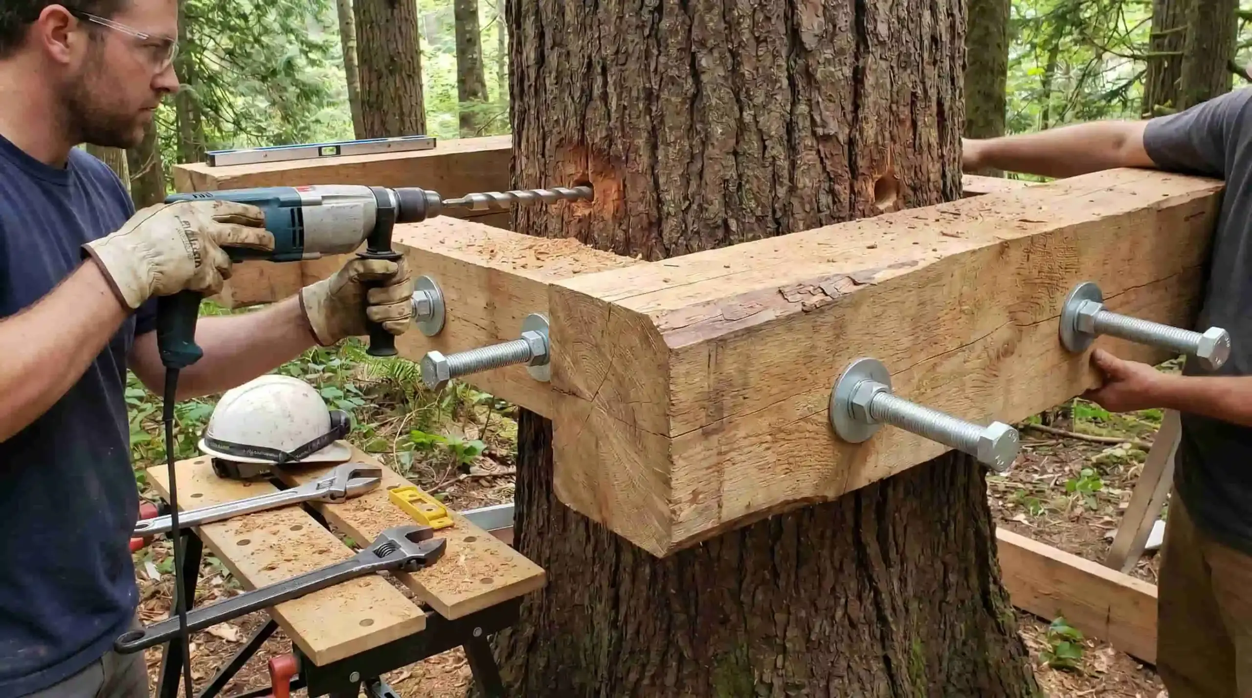Workers installing wooden support beams around a large tree trunk using bolts and power tools.