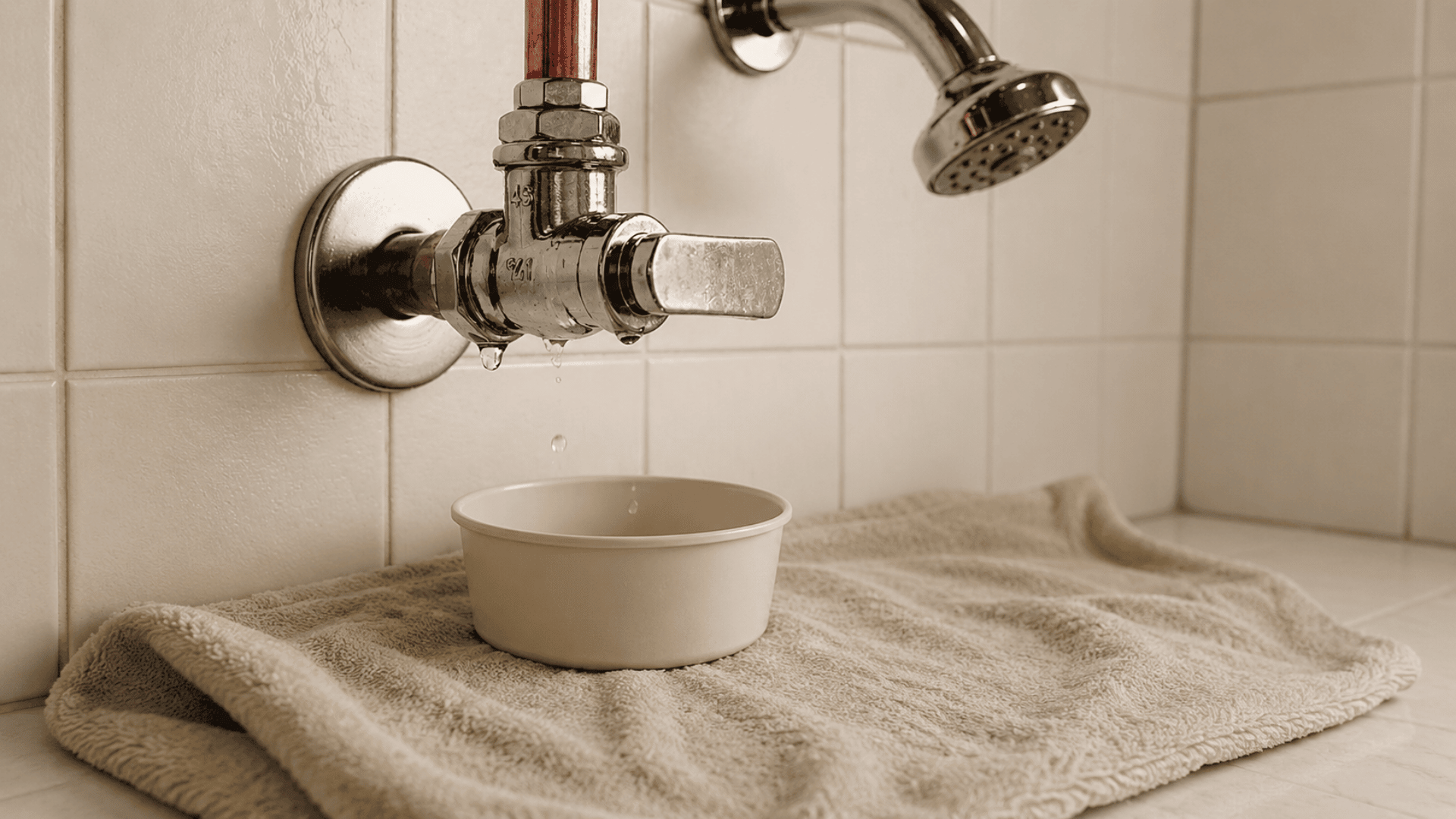 Dripping shower valve with a bowl and towel below to catch water and protect the shower floor