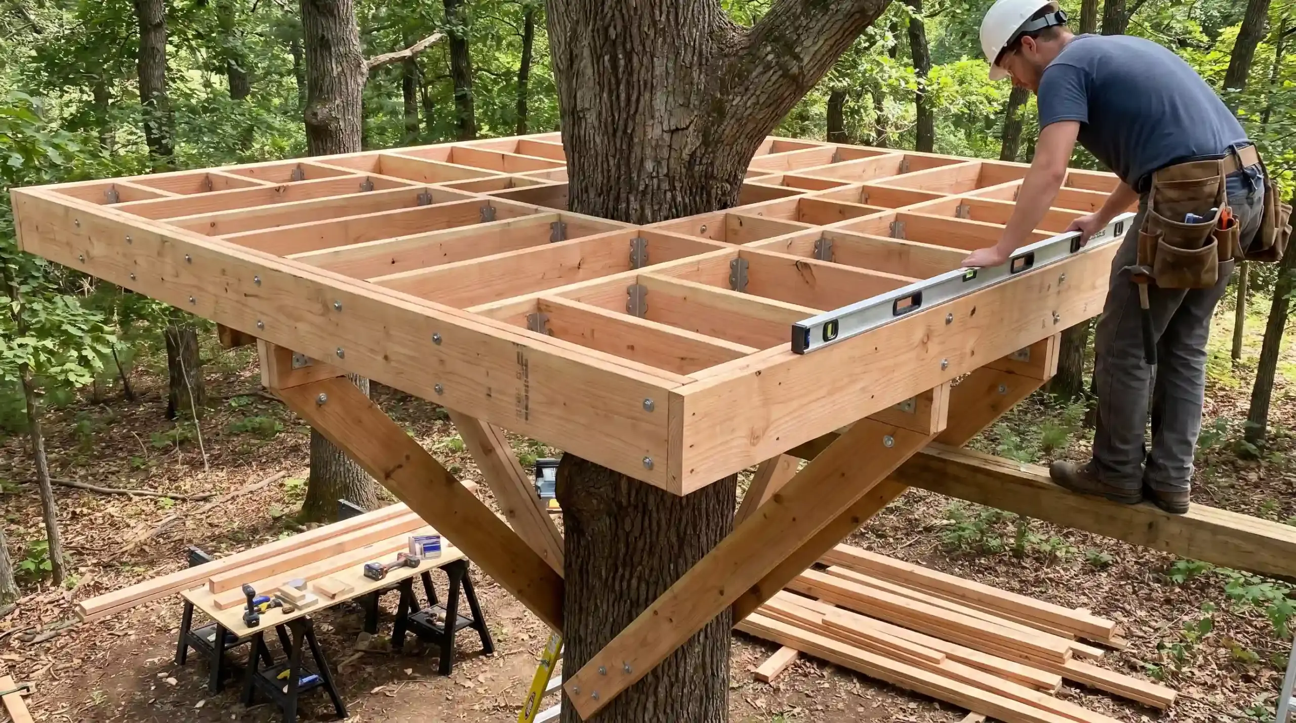 Worker building a wooden treehouse floor platform around a large tree trunk in a forest.