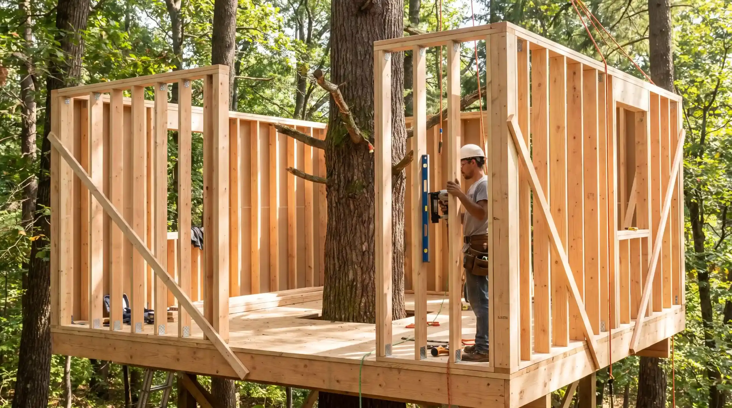 Worker adding wooden support walls to a treehouse structure built around a large tree.