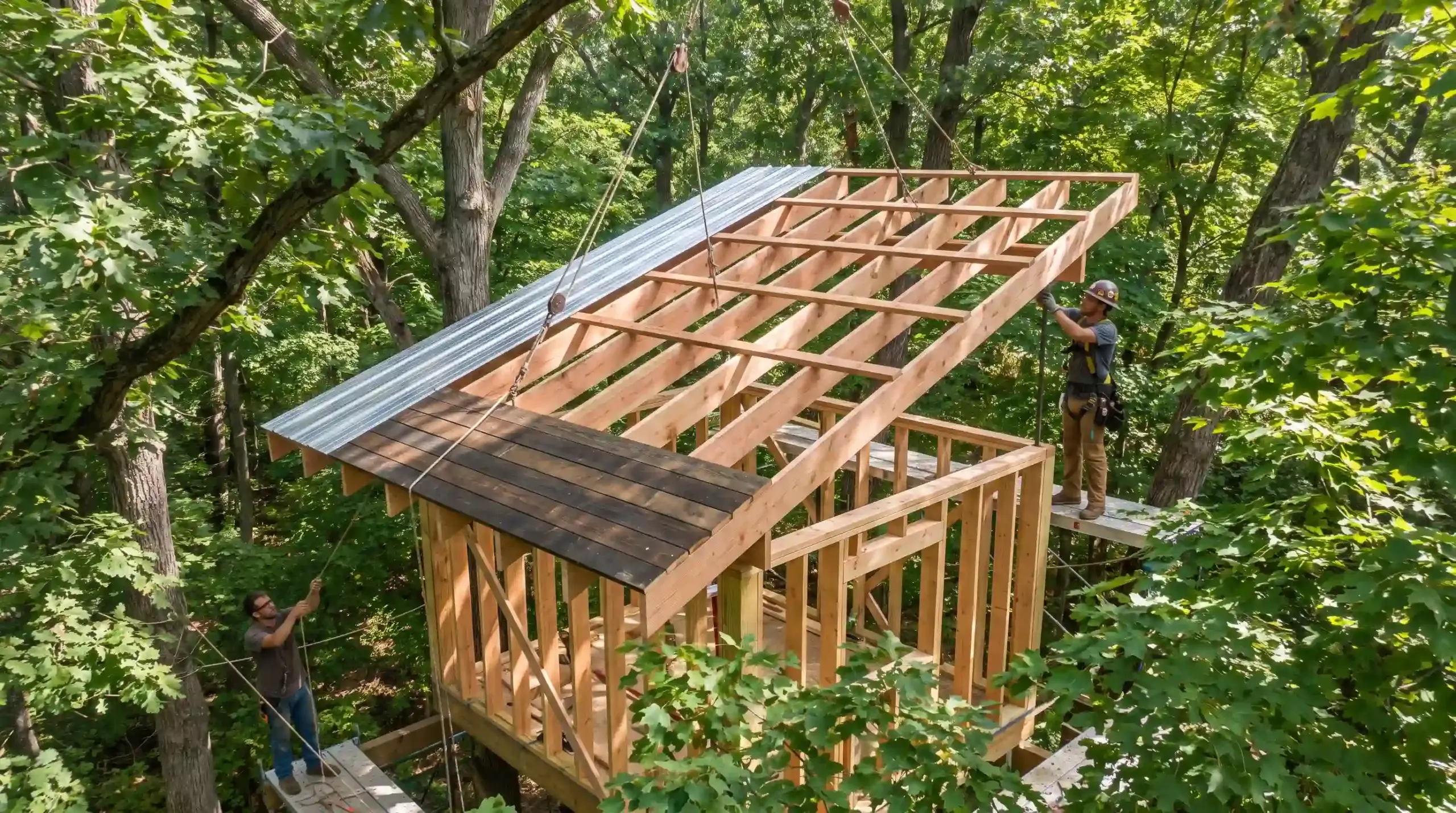Workers installing a wooden treehouse roof frame with metal panels in a forest setting.
