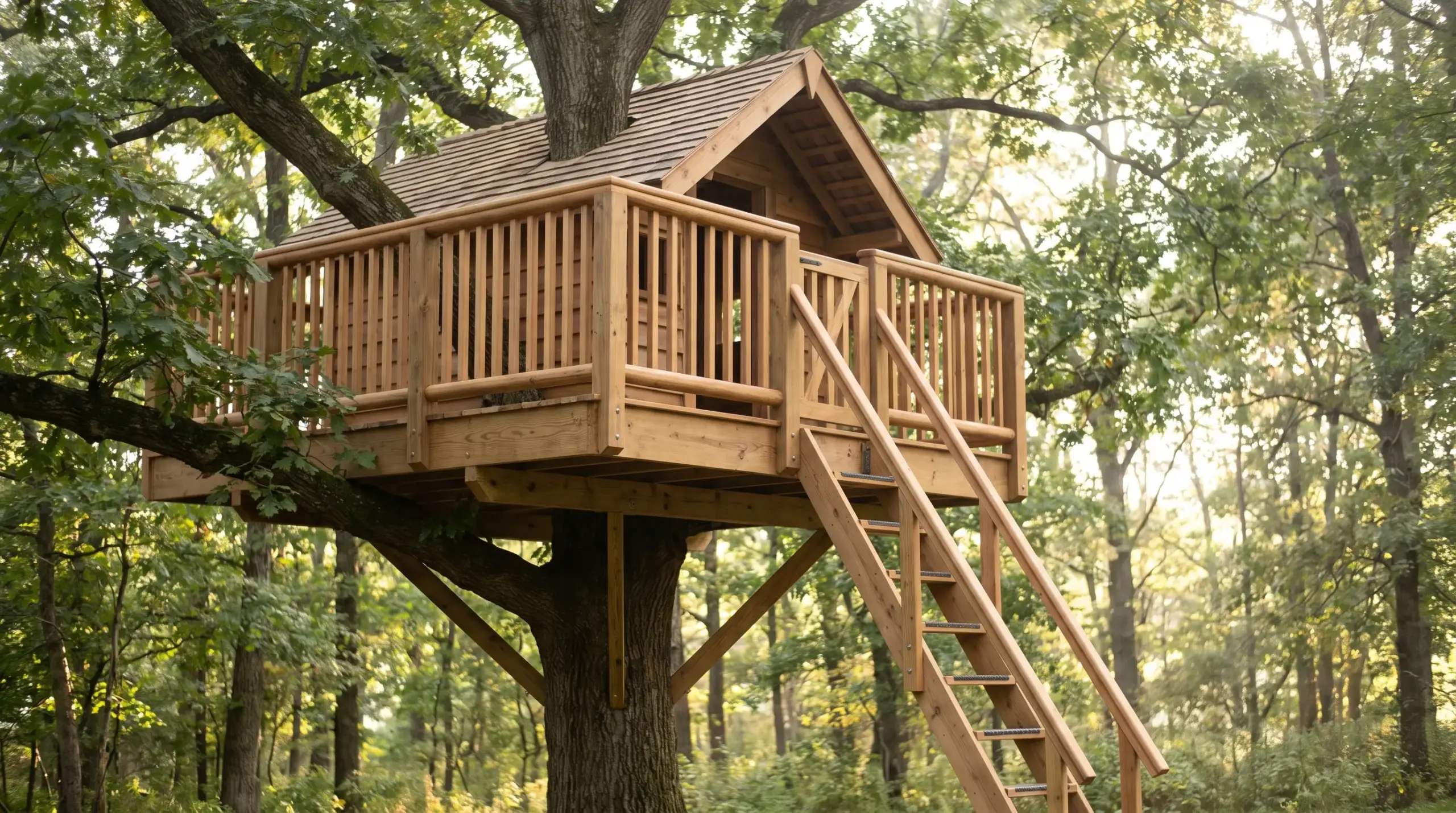 Finished wooden treehouse with safety railings and ladder built around a large tree in a forest.