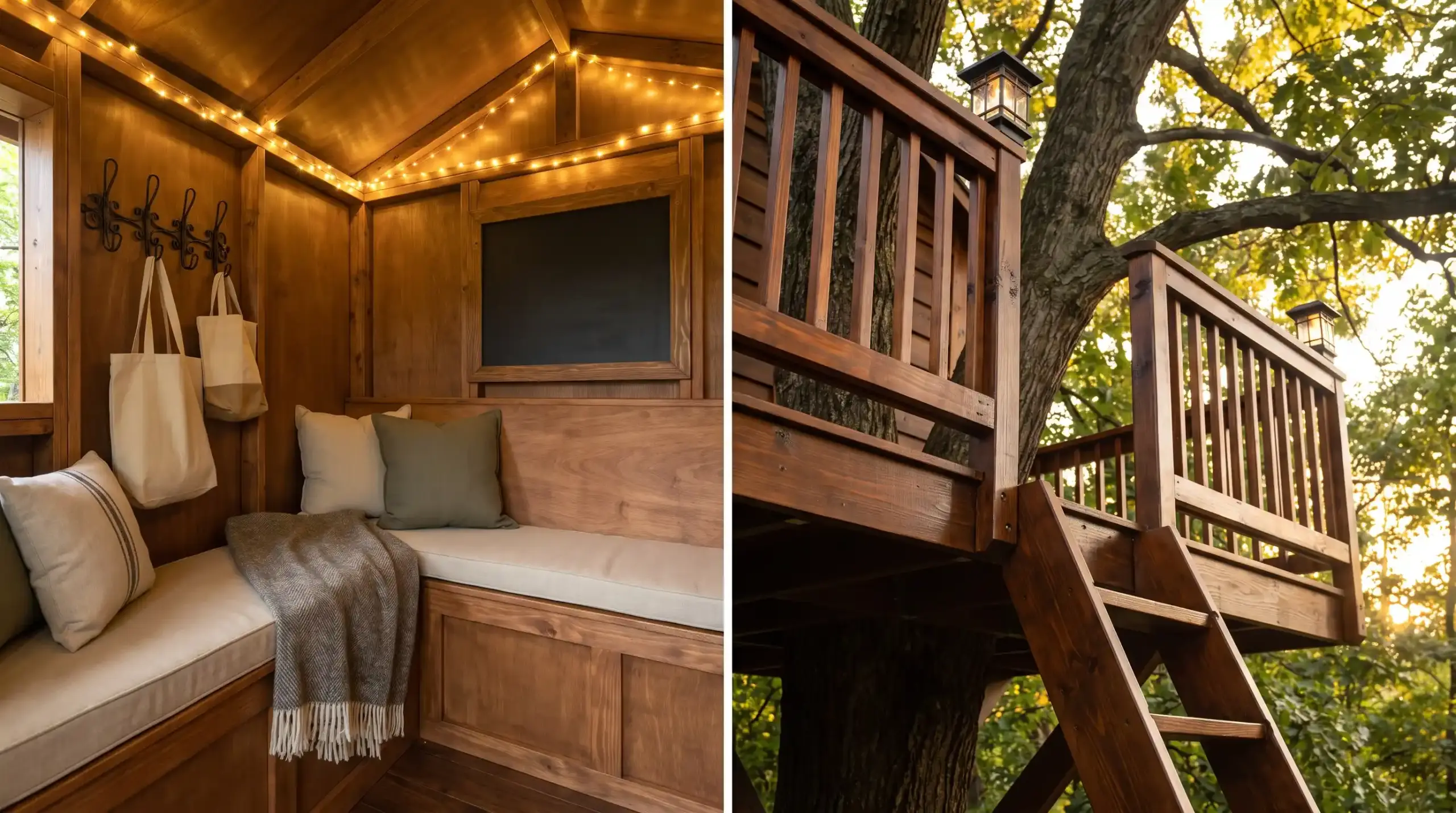 Cozy treehouse interior with warm lighting and outdoor deck featuring wooden railings.