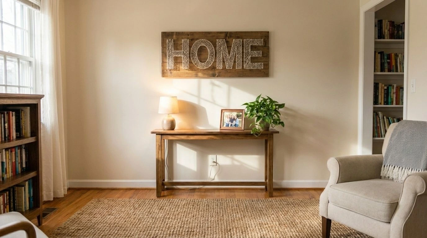 String and nail name art hanging on a living room wall above a console table.