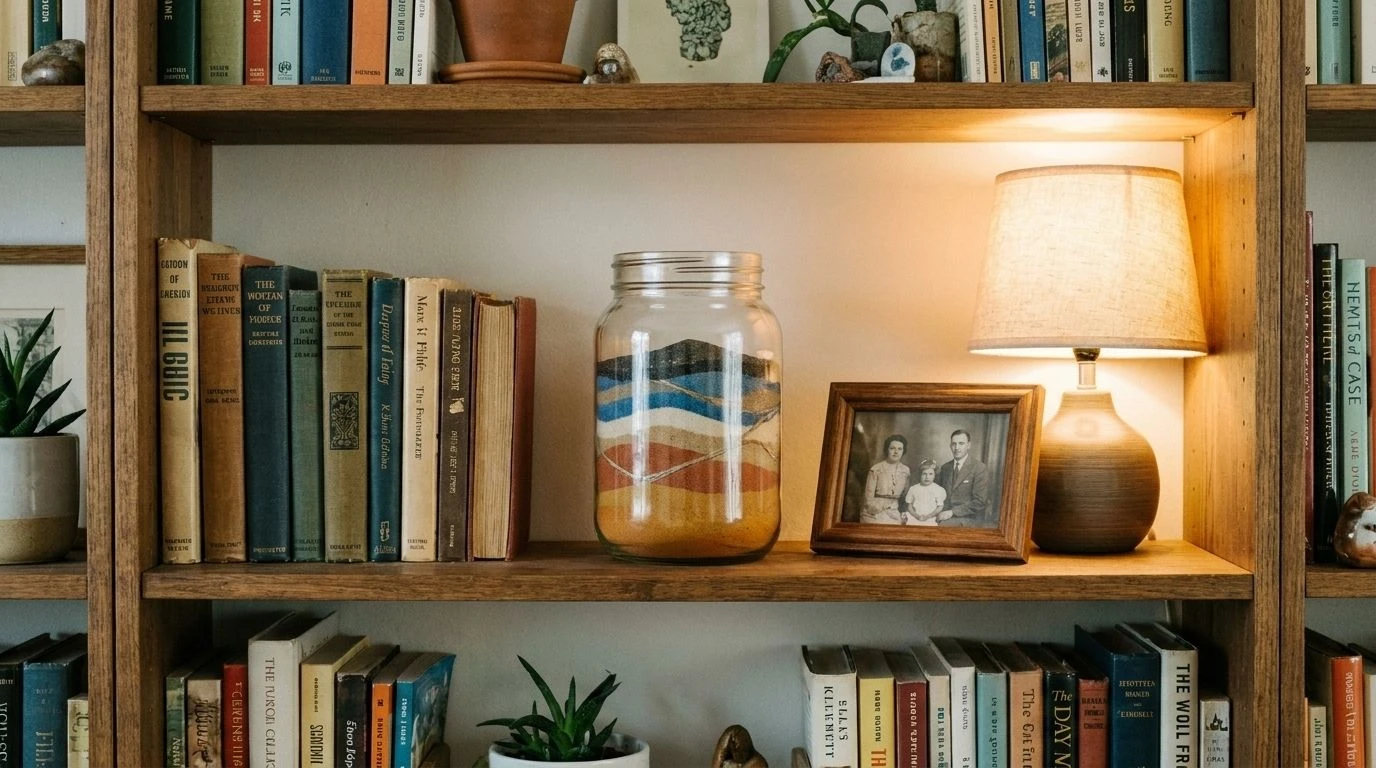 Striped sand jar art displayed on a bookshelf.