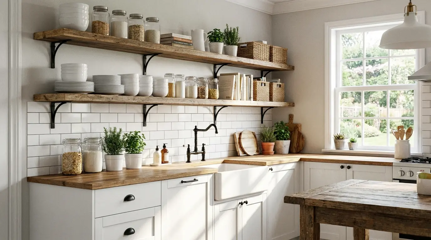 Modern farmhouse kitchen with open wooden shelves, white cabinets, glass jars, plants, and a farmhouse sink.