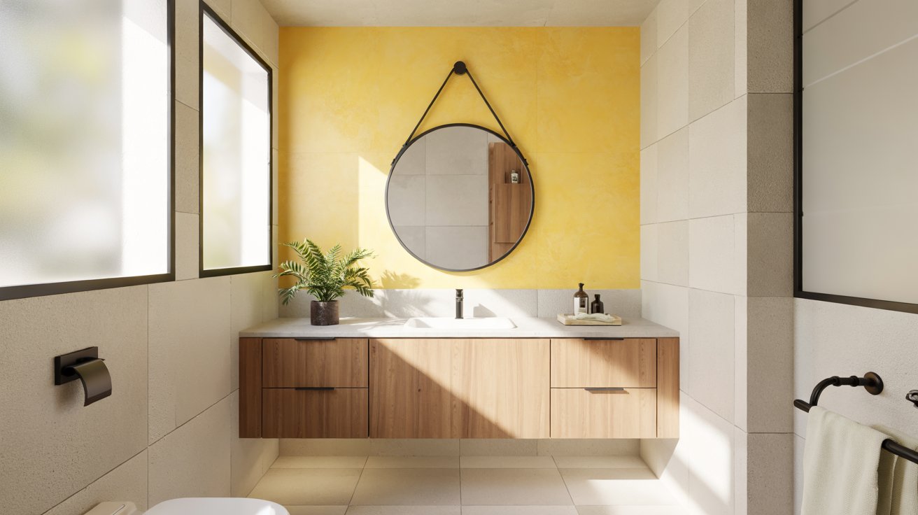 Bright bathroom with a sunny yellow accent wall behind a wood vanity, round hanging mirror, and white trim.