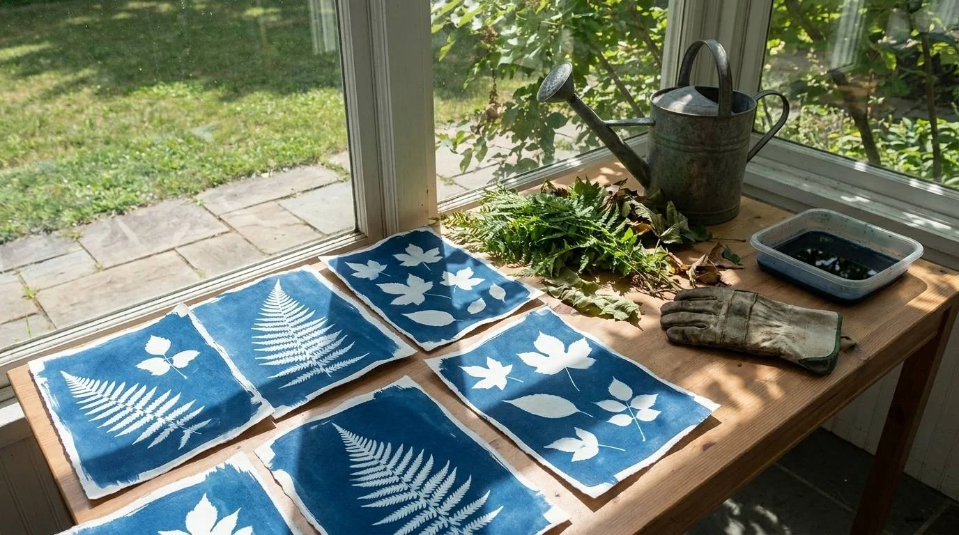 Blue sun-print leaf artworks drying in sunlight on an outdoor table.