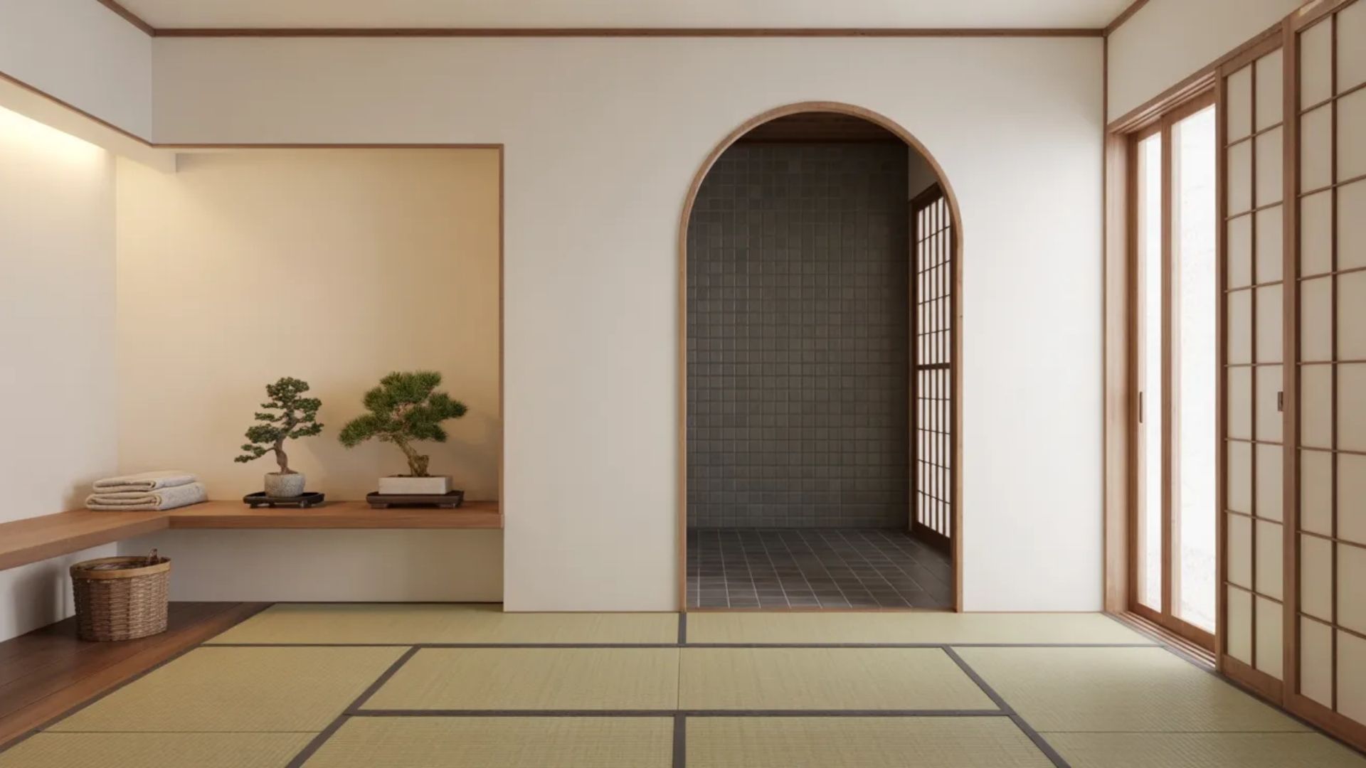 A minimalist Japanese changing area with green tatami mats on the floor, sliding shoji screen doors, and a wood bench holding bonsai plants.