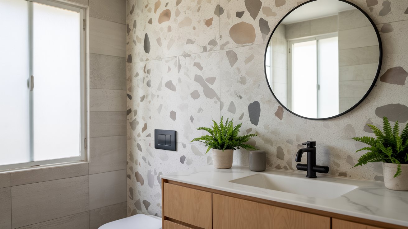 Bathroom with a speckled terrazzo tile accent wall behind a round mirror, wooden vanity, and integrated sink.