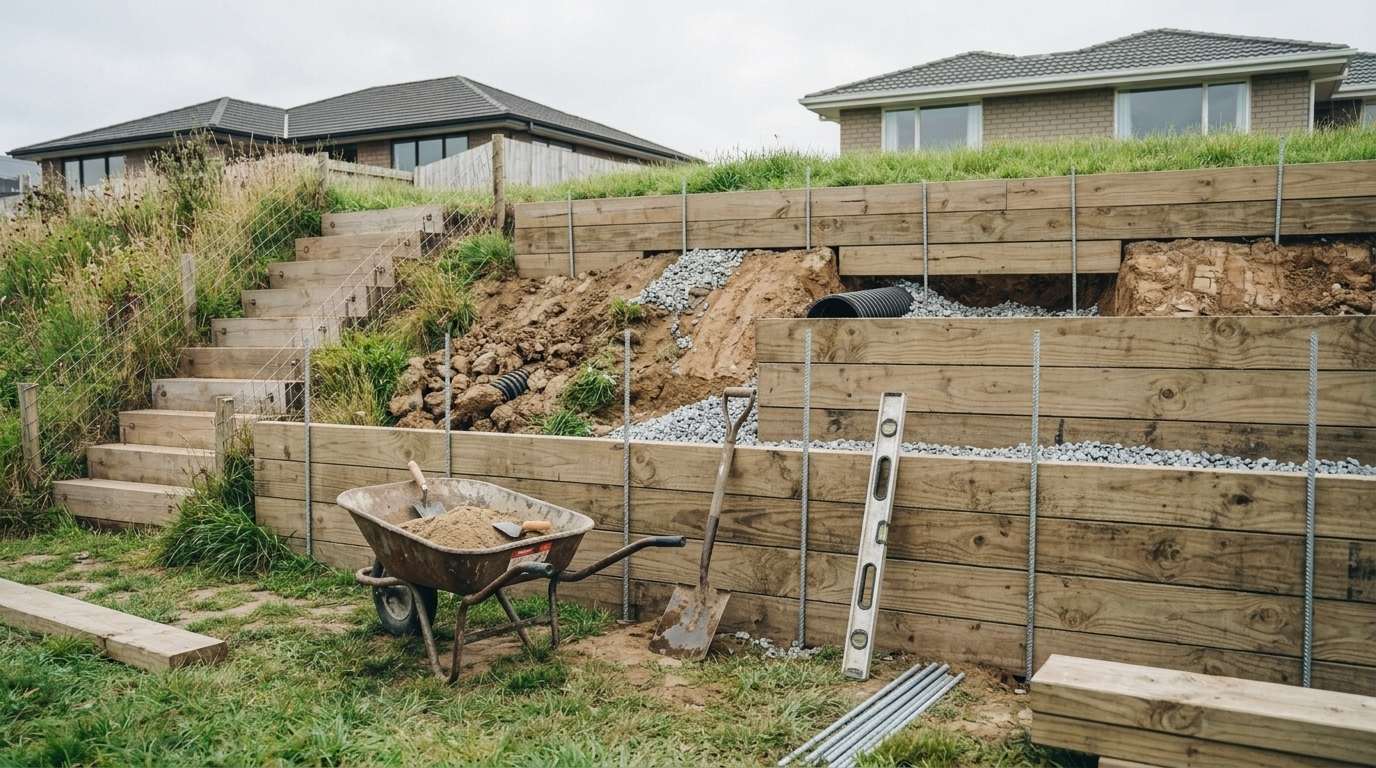 Timber sleeper retaining wall installed on a sloped backyard with drainage gravel and steel rebar, showing a budget DIY landscape build