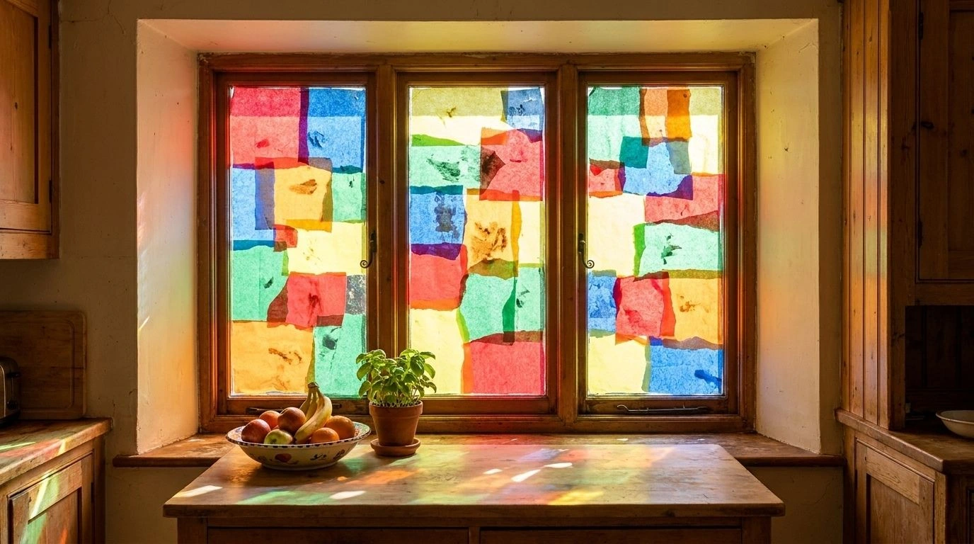 Kitchen window covered in colorful tissue paper stained glass.