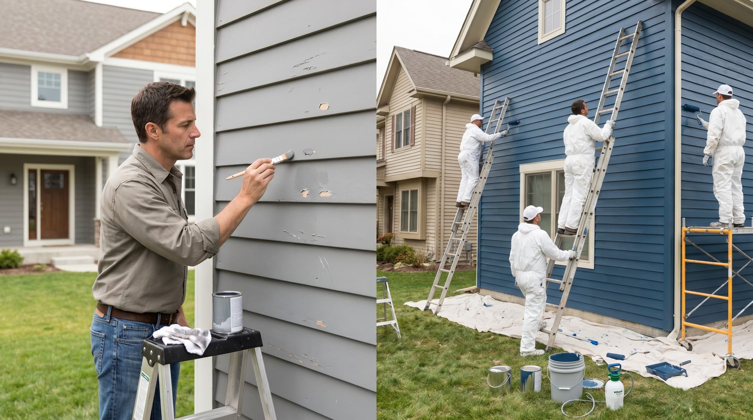 Side-by-side comparison of touch-up paint on small spots and a full exterior repaint on a modern house
