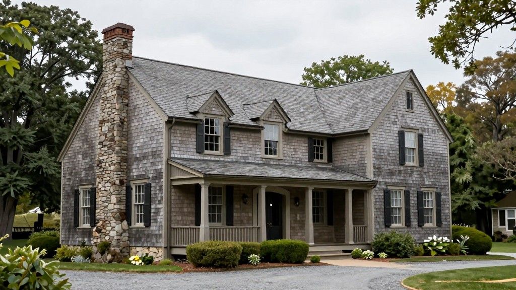 Traditional shingle-style house with stone chimney and classic front porch