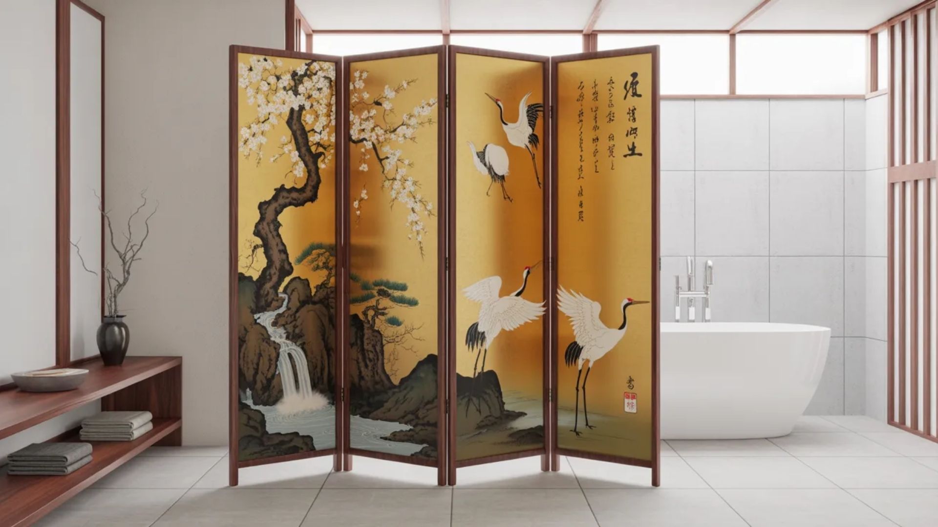 A multi-panel Japanese folding screen featuring painted cranes and a waterfall, set in a minimalist modern bathroom.