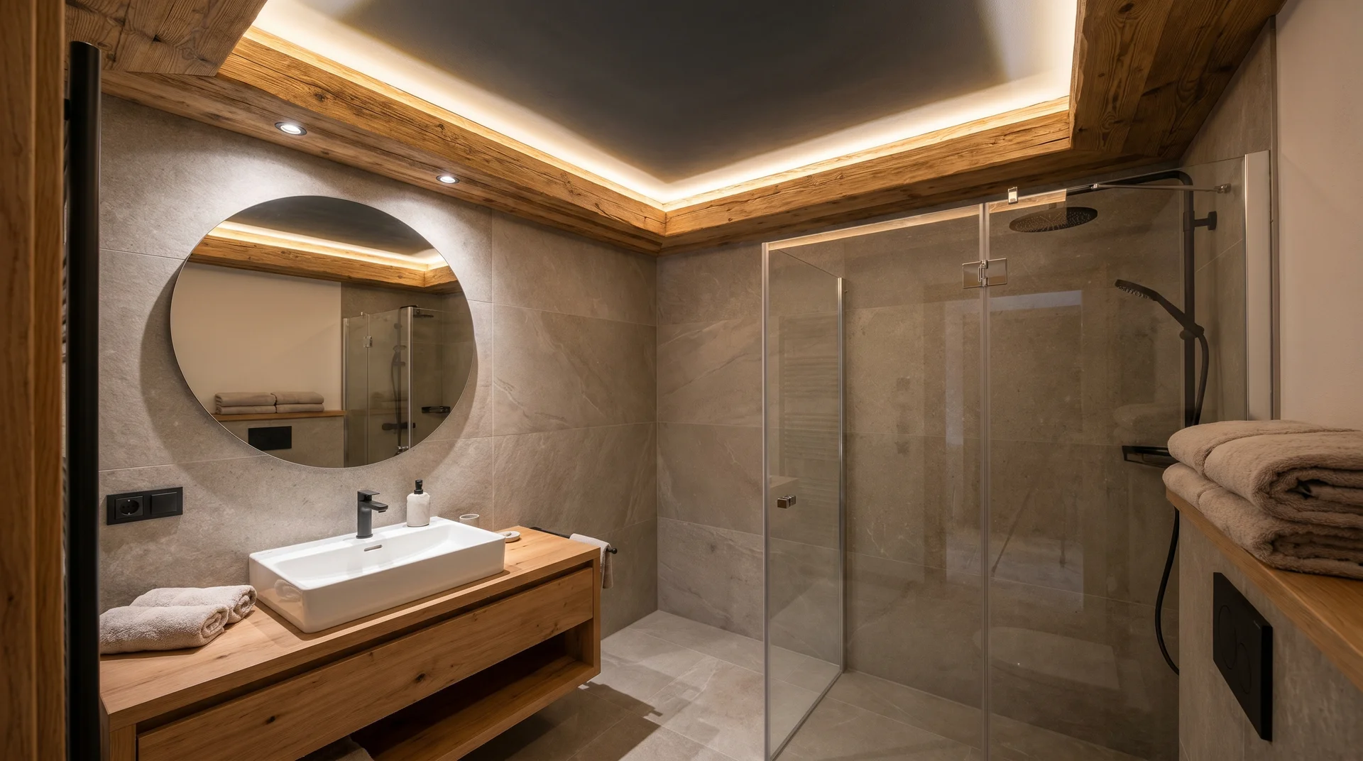 Modern bathroom with a glowing tray ceiling accent, wood vanity, and glass shower enclosure.