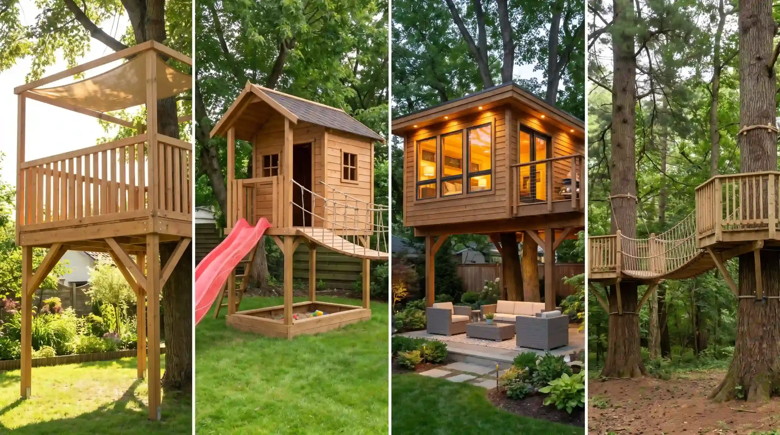 Four treehouse designs featuring a platform, kids’ playhouse, luxury cabin, and rope bridge.