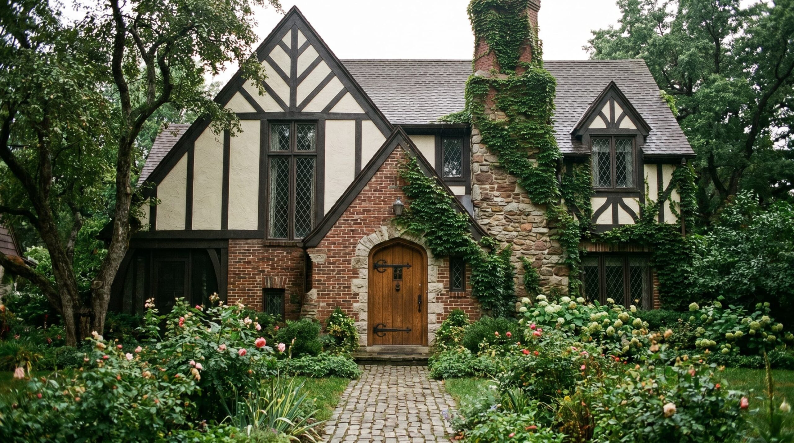 Tudor Revival house with half-timbering, steep roof, and arched entry