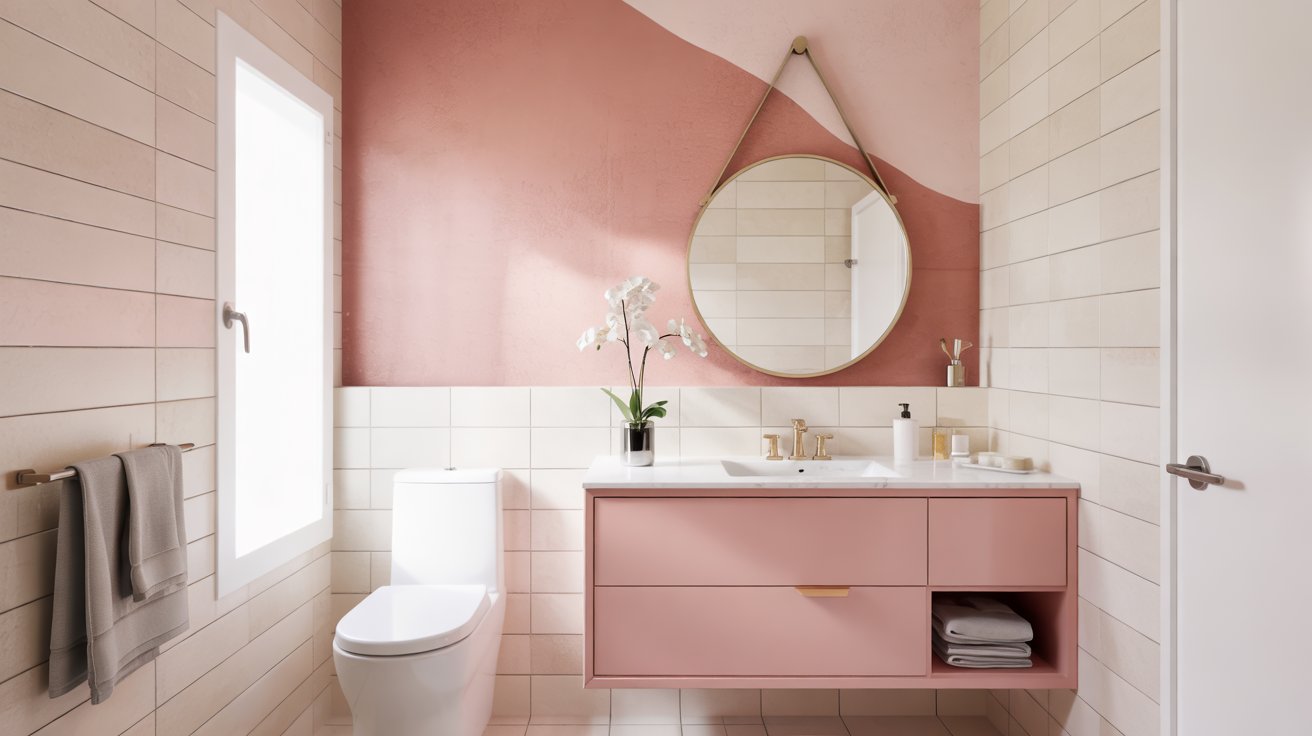 A modern bathroom with a two-tone pink and blush accent wall behind a round mirror, floating vanity, and white toilet.