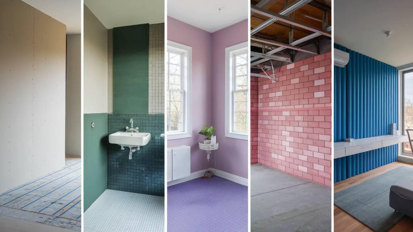 Collage of 5 interior spaces showing different drywall types, including a bathroom, a purple laundry room, and a blue slatted wall.