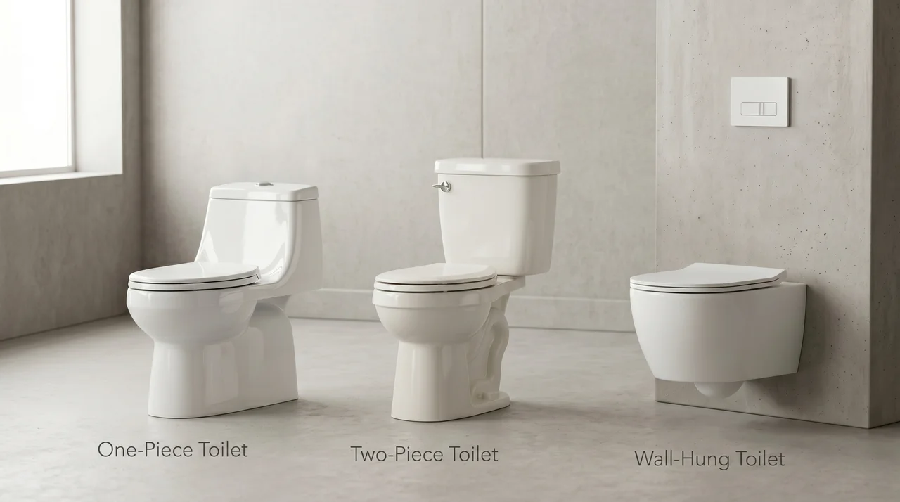 Types of water closets showing one-piece, two-piece, and wall-hung toilet options side by side in natural studio light.