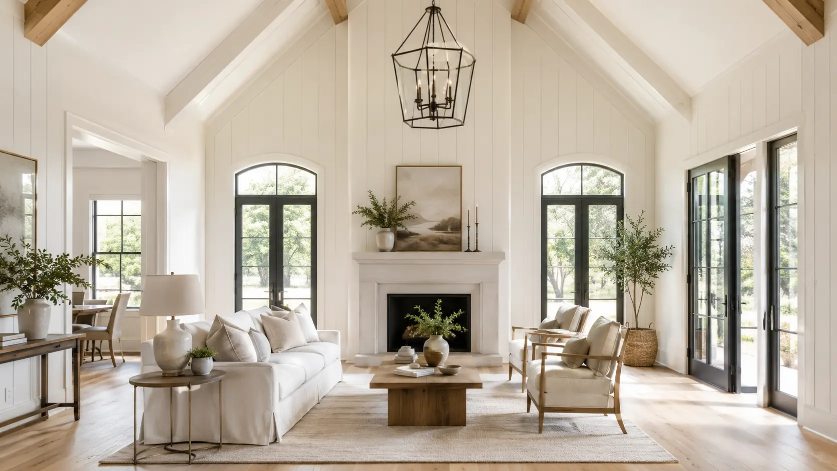 Bright modern farmhouse living room with vaulted ceilings, exposed wood beams, black-framed windows, and a central fireplace.