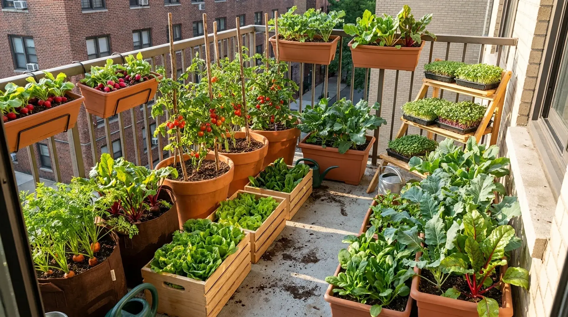 Apartment balcony with container-grown vegetables including tomatoes, lettuce, carrots, beets, and microgreens.