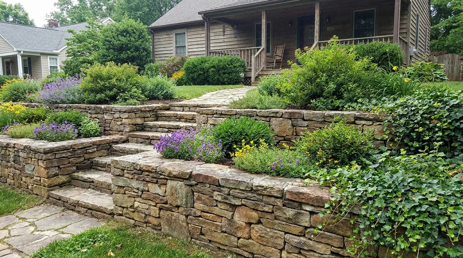 Tiered rock wall planter with greenery in a landscaped front yard