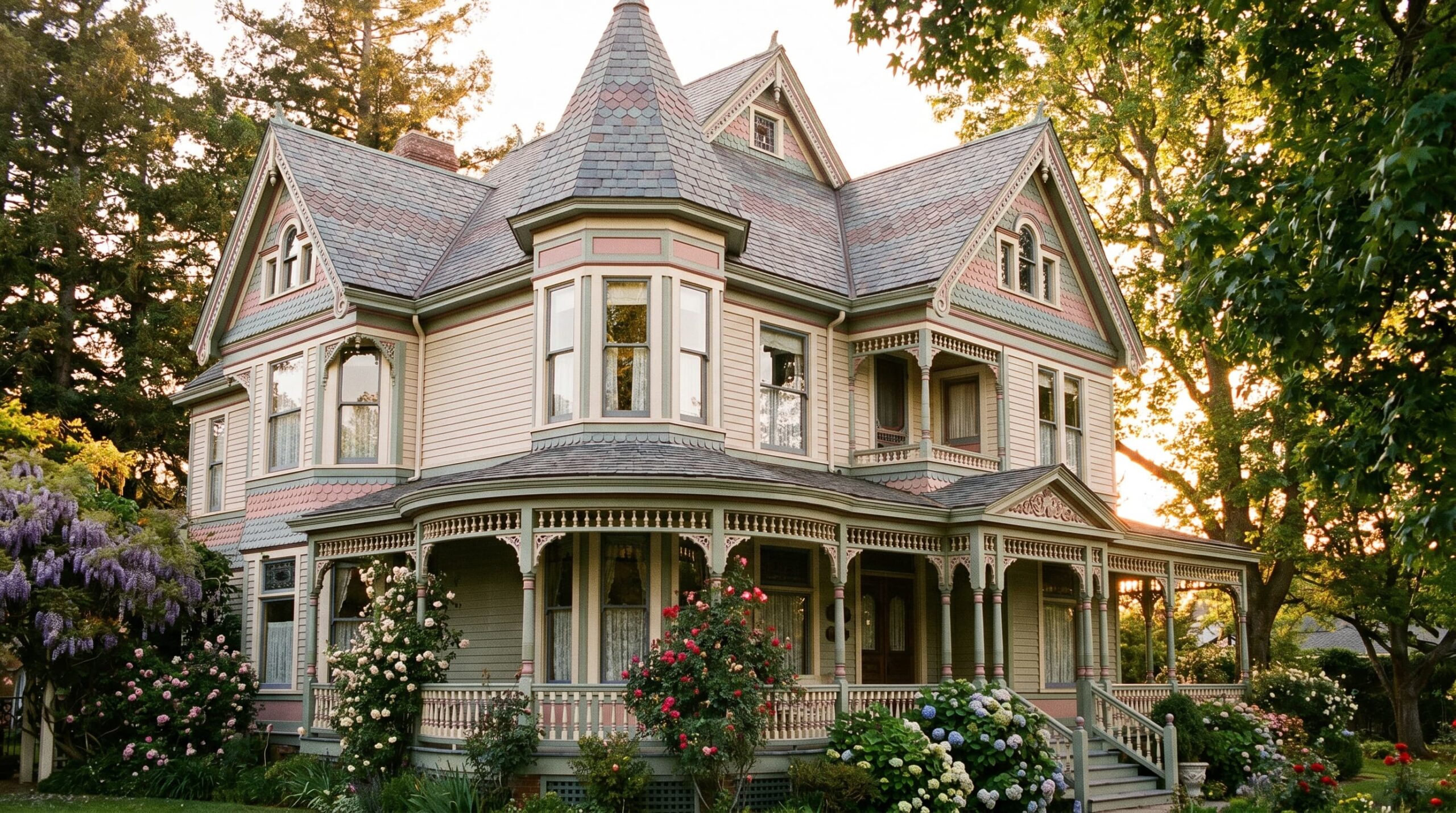 Victorian home with ornate trim, turret, and wraparound porch, with a nicely bloomed garden