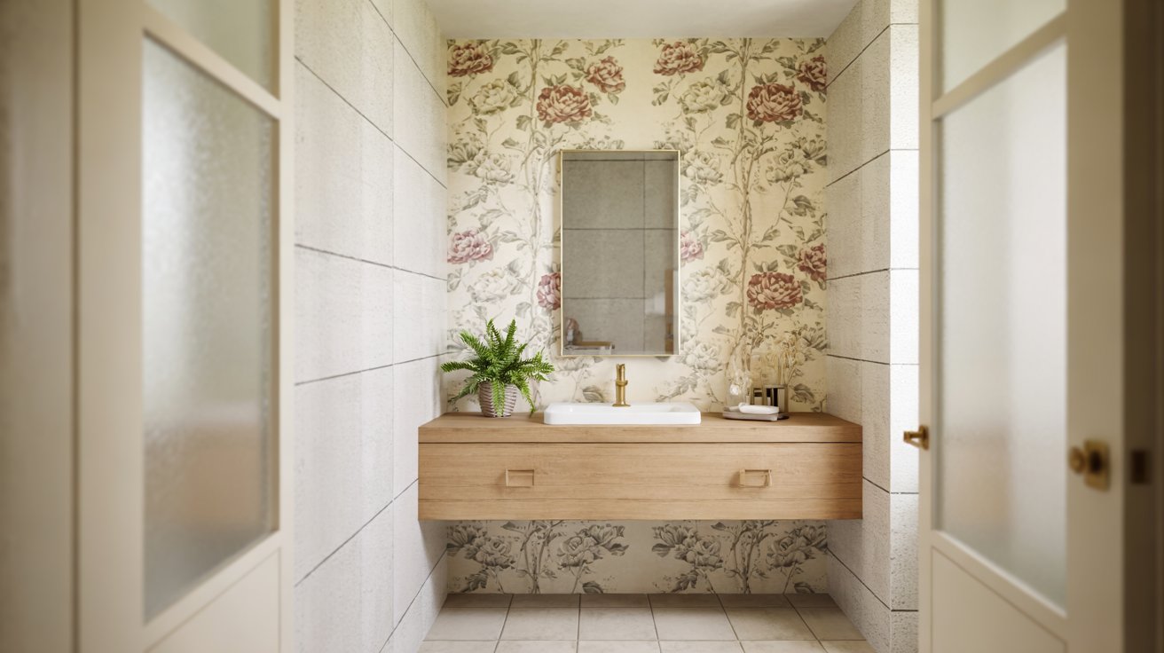 Bright bathroom featuring a vintage floral wallpaper accent wall behind a floating wooden vanity with a built-in sink