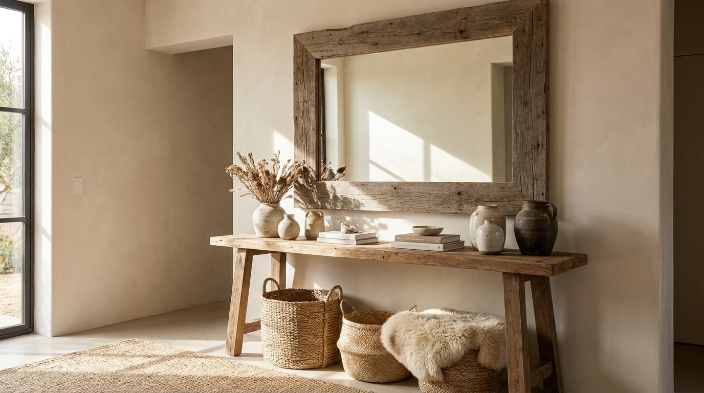 Rustic entryway with vintage wood framed mirror and decor
