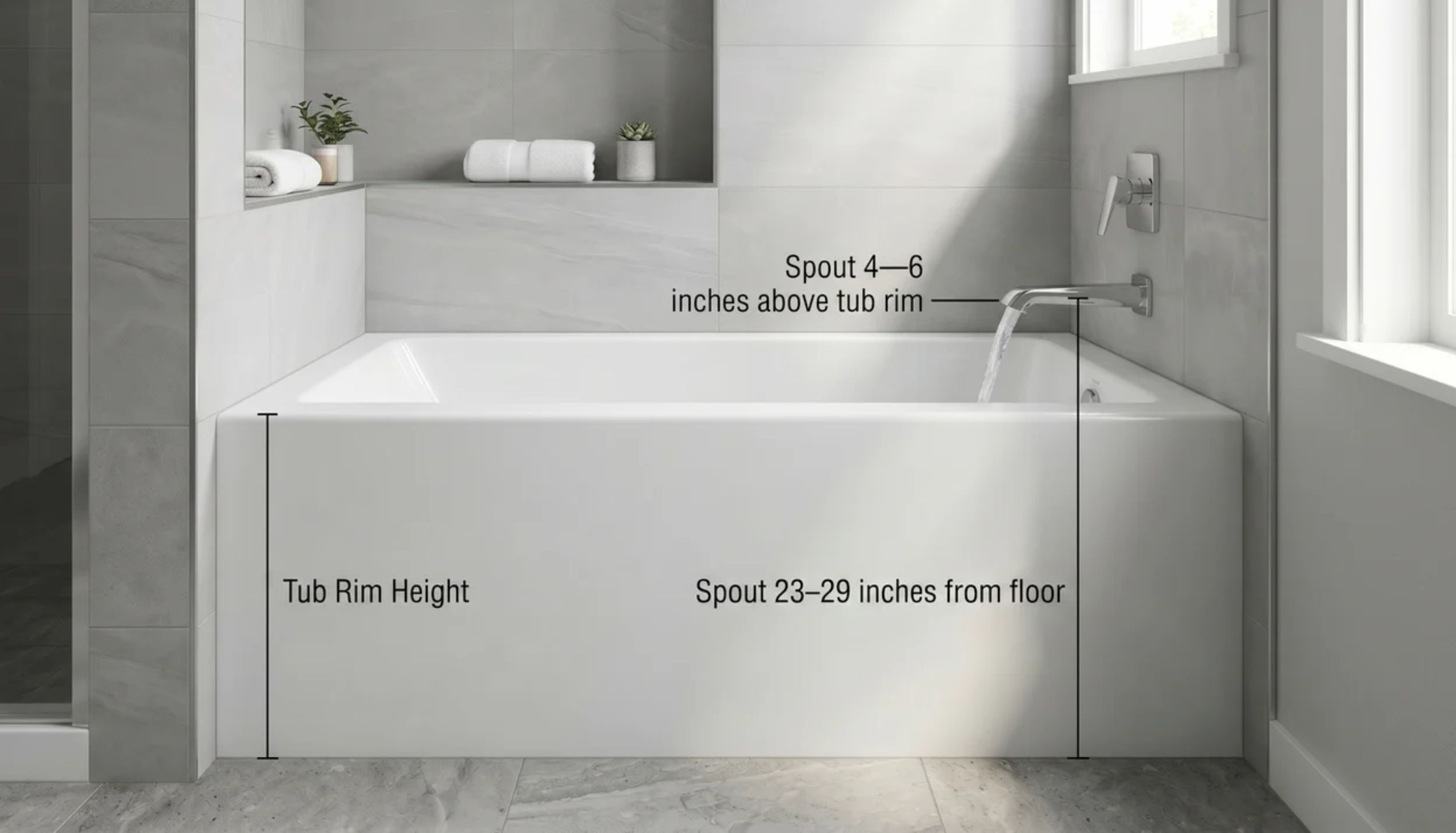 Diagram showing wall-mount tub spout height: 4–6 inches above the tub rim and 23–29 inches from the floor.