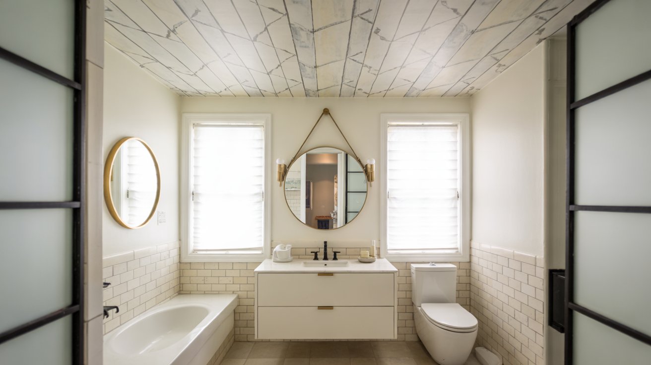 A bright bathroom with a patterned wallpapered ceiling, double vanity, and windows letting in natural light.