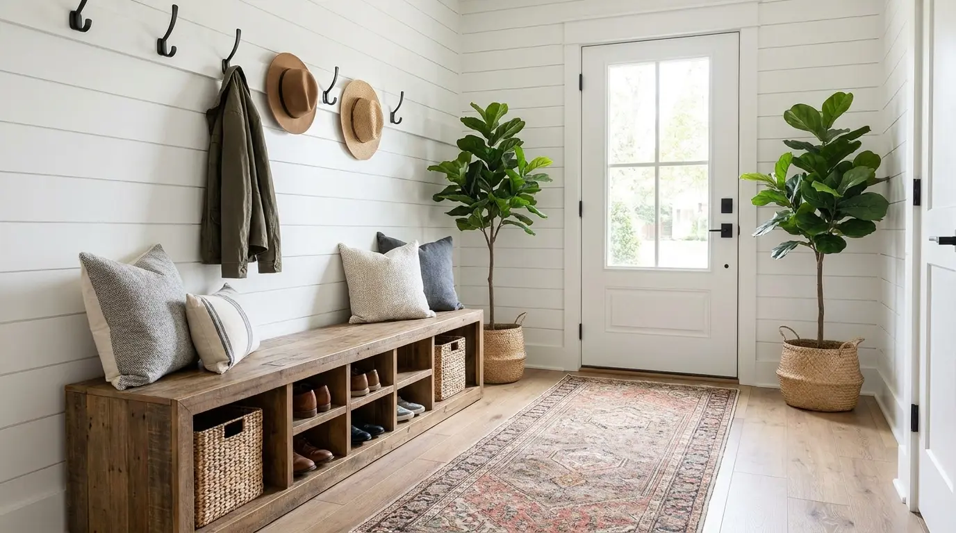 Modern farmhouse entryway with shiplap walls, wood bench, coat hooks, woven baskets, plants, and patterned runner rug.
