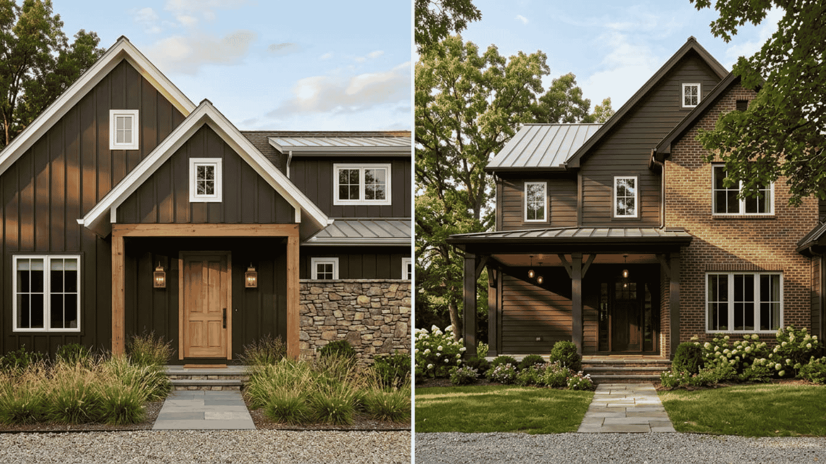 Two modern farmhouses painted in warm black and brown colors with dark siding and covered front porches side by side.