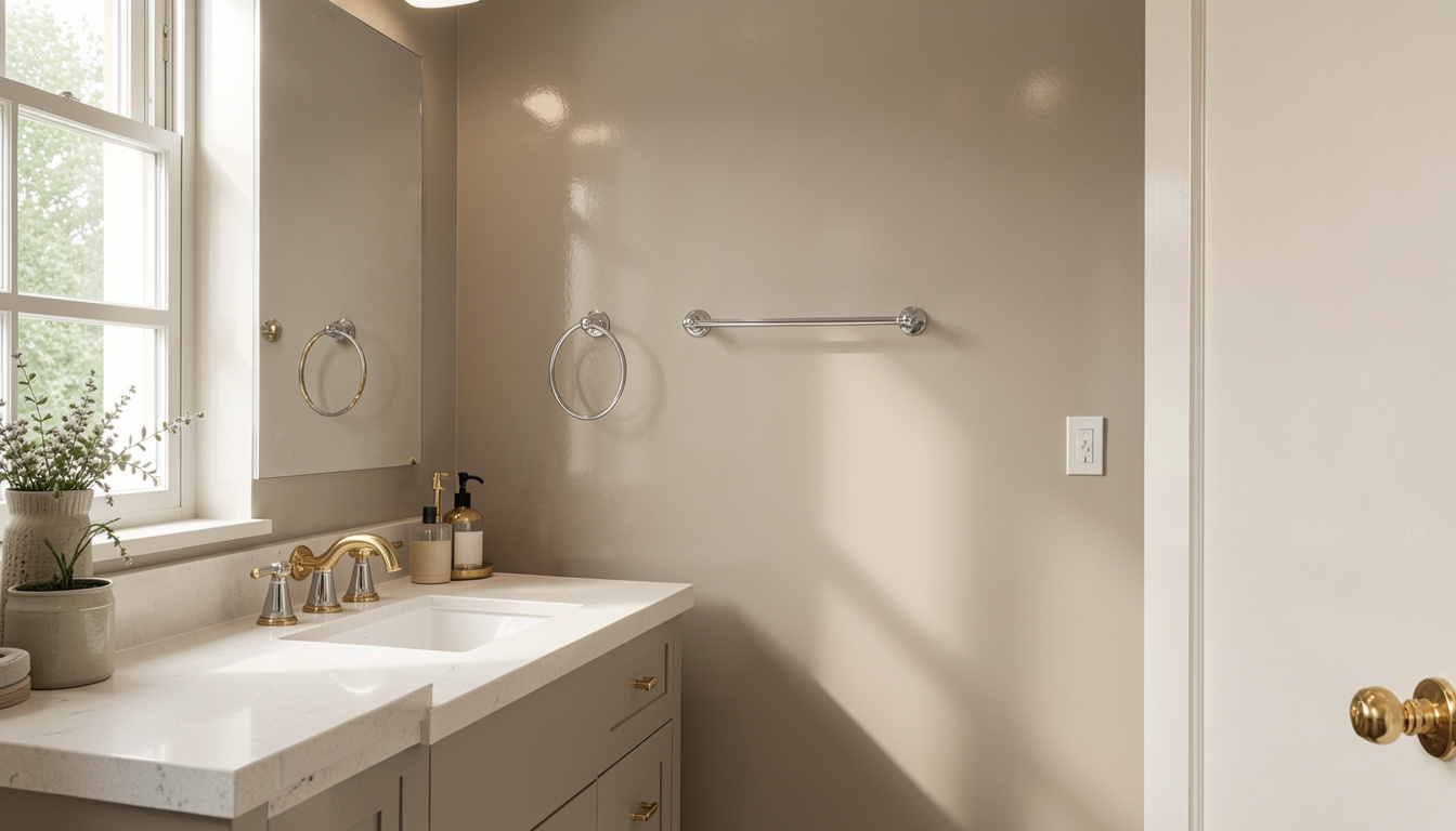 Warm neutral bathroom with soft beige walls, a white countertop, and gold hardware on the vanity.