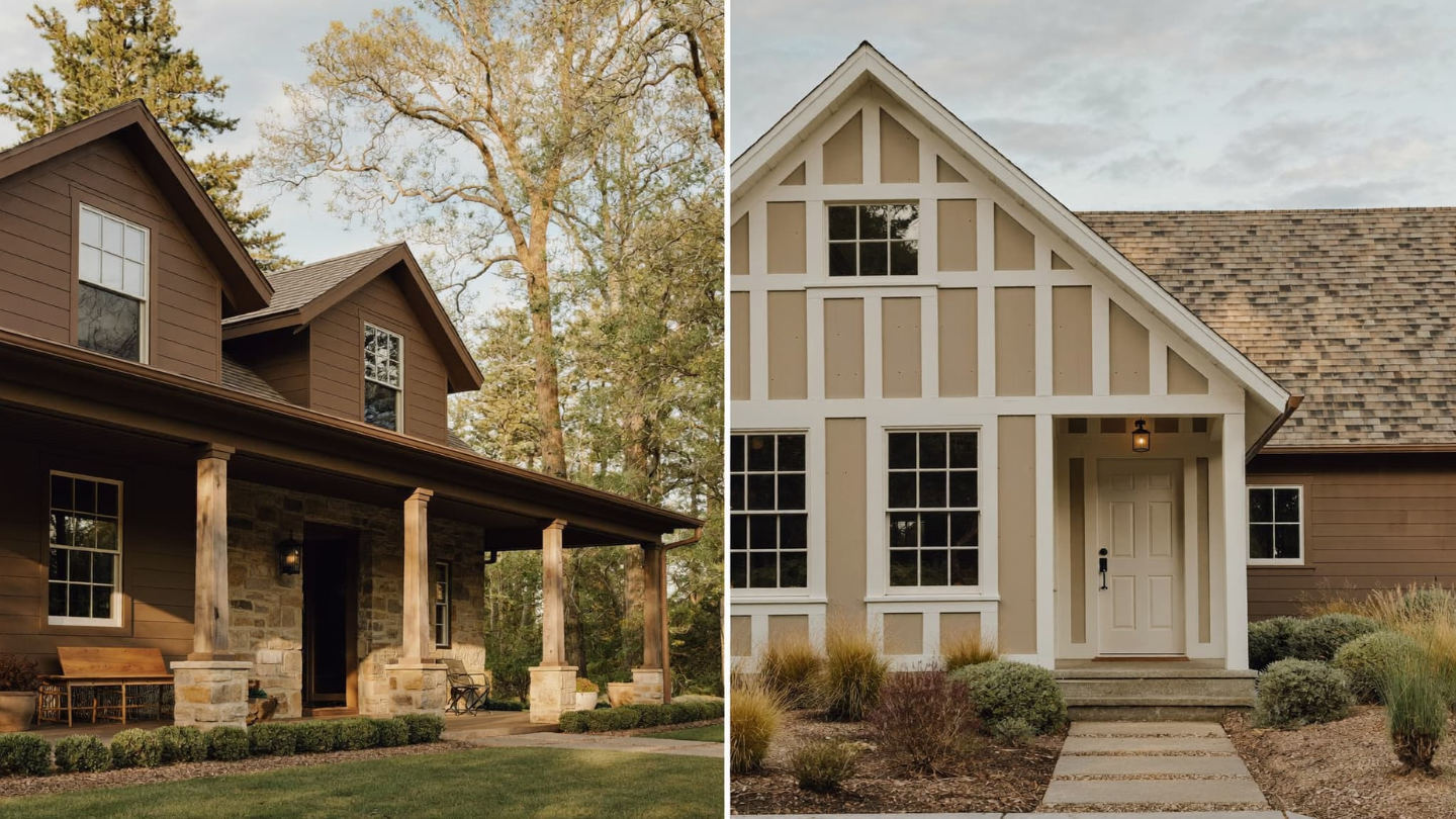 Warm Taupe to Deep Brown Two farmhouse exteriors showing how the earthy palette works from light to dark