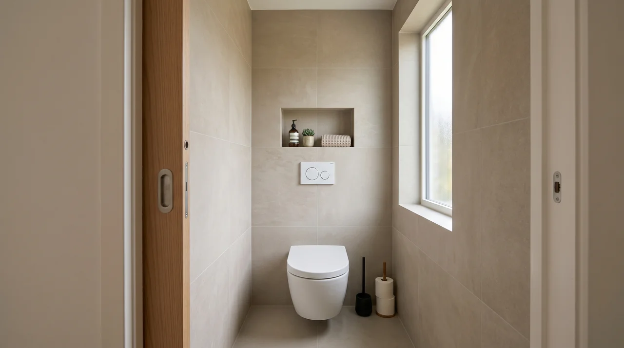 Water closet design for small spaces featuring a wall-hung toilet, pocket door, and recessed shelf in a tiled room.