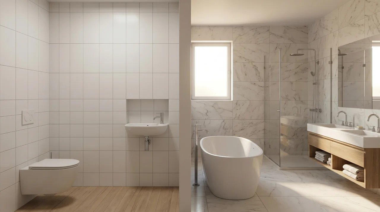 Water closet vs bathroom comparison showing a compact toilet-only room beside a full bathroom with tub and double vanity.