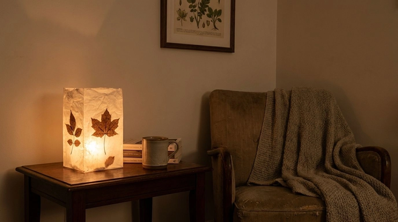 Glowing wax paper leaf lantern sitting on a side table in a cozy room.