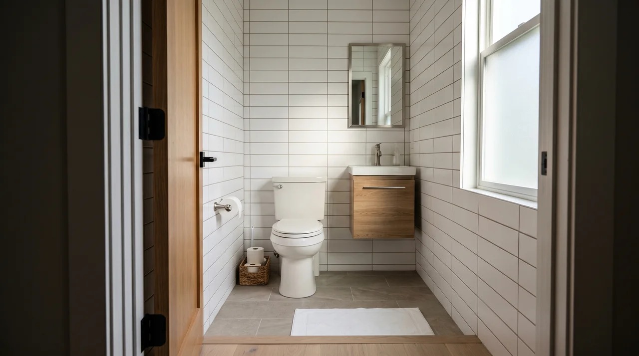 Modern water closet bathroom with white subway tiles, wall-mounted vanity, toilet, mirror, and natural light from a window.