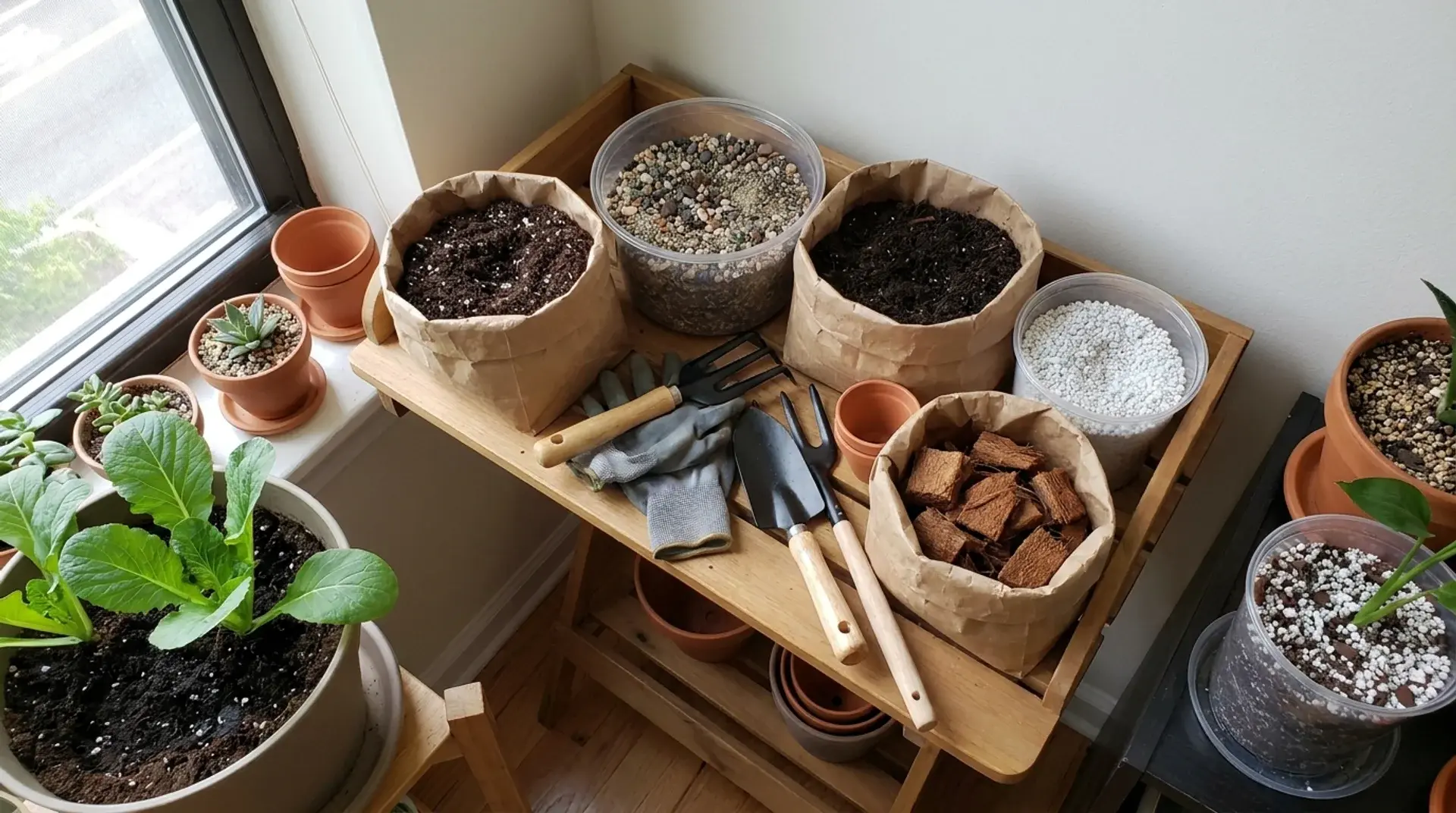Apartment gardening supplies showing potting mix, cactus soil, perlite, and coconut coir.