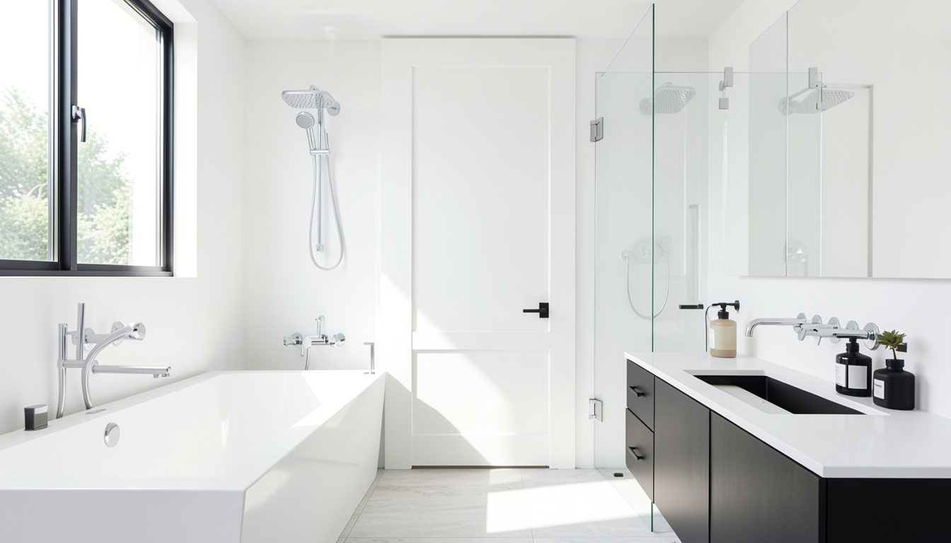Modern bathroom with white walls, a freestanding bathtub, and a sleek black vanity with a minimalist design.
