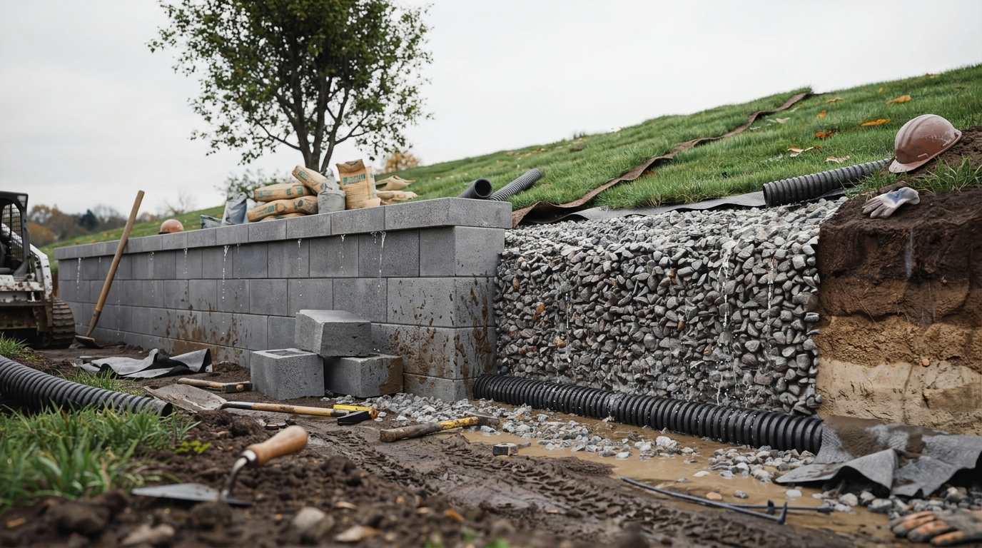 Retaining wall cross section showing gravel backfill, perforated drainage pipe, and weep holes highlighting proper drainage system for wall stability