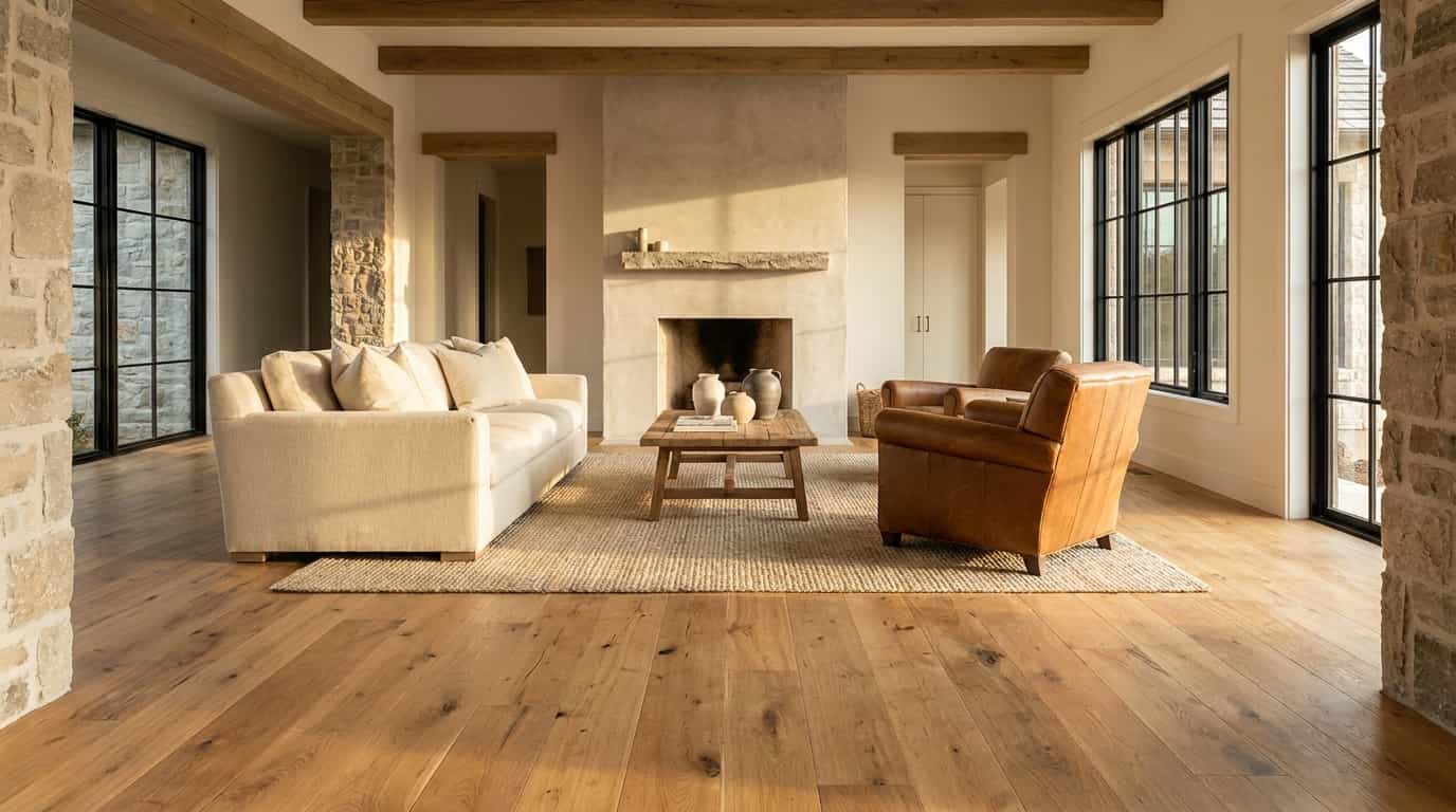 Modern rustic room featuring wide plank wood flooring and natural textures