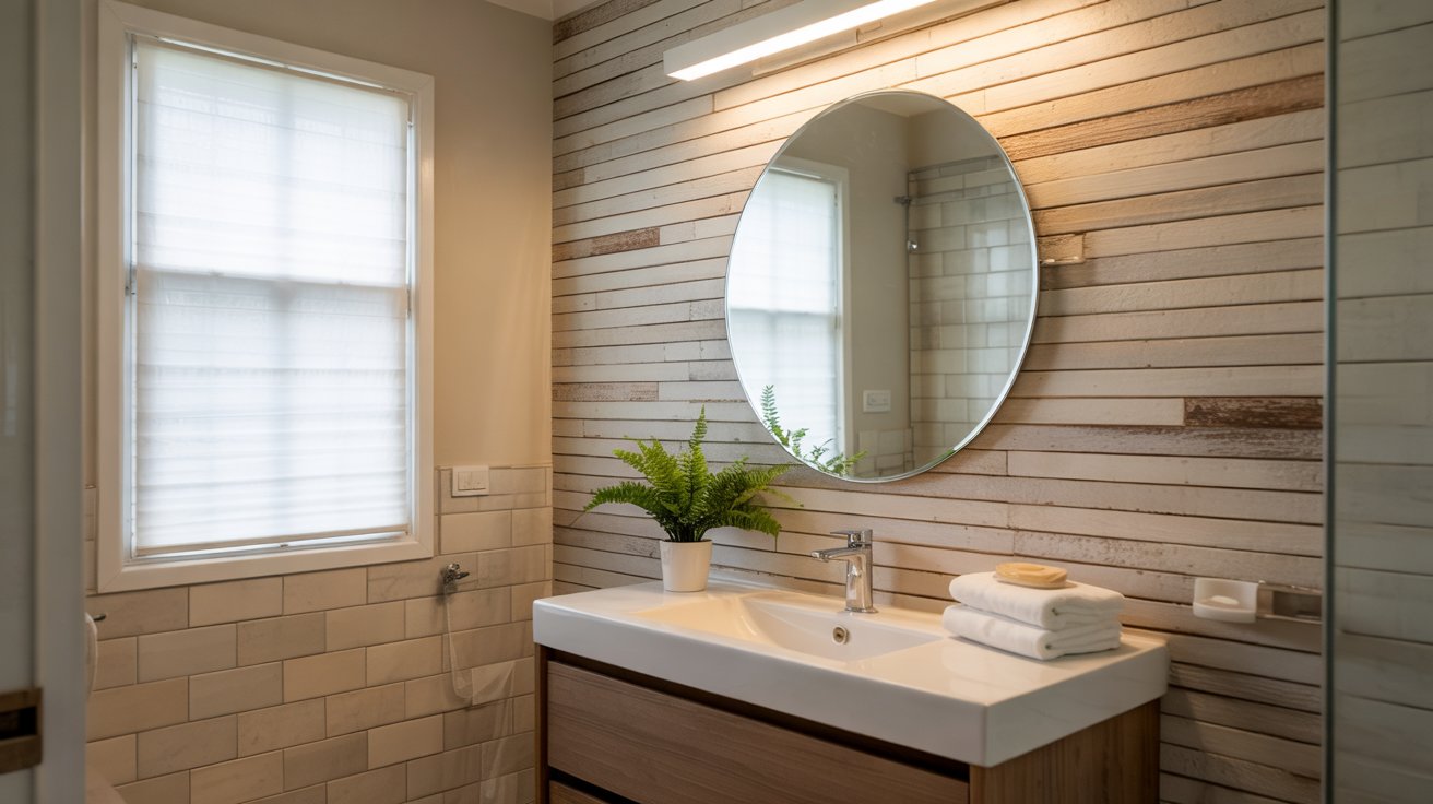 A rustic bathroom with a horizontal wood shiplap accent wall behind a white vanity with a large round mirror.