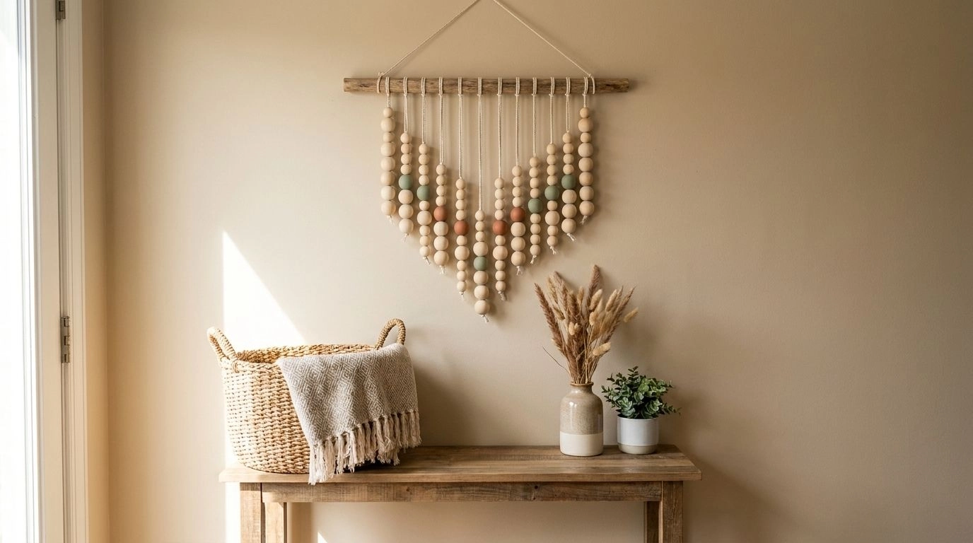 DIY wooden bead wall hanging with natural textured strands on living room wall.