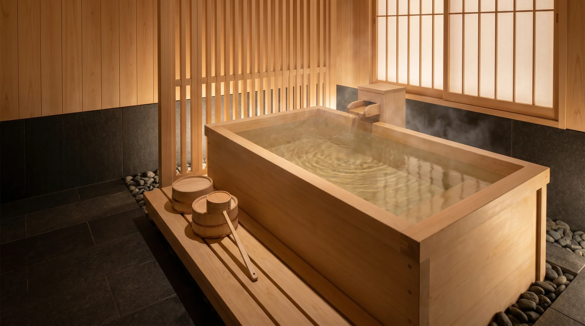Traditional Japanese bathroom with a steaming wooden soaking tub, matching wood buckets and ladles, and shoji screen windows.