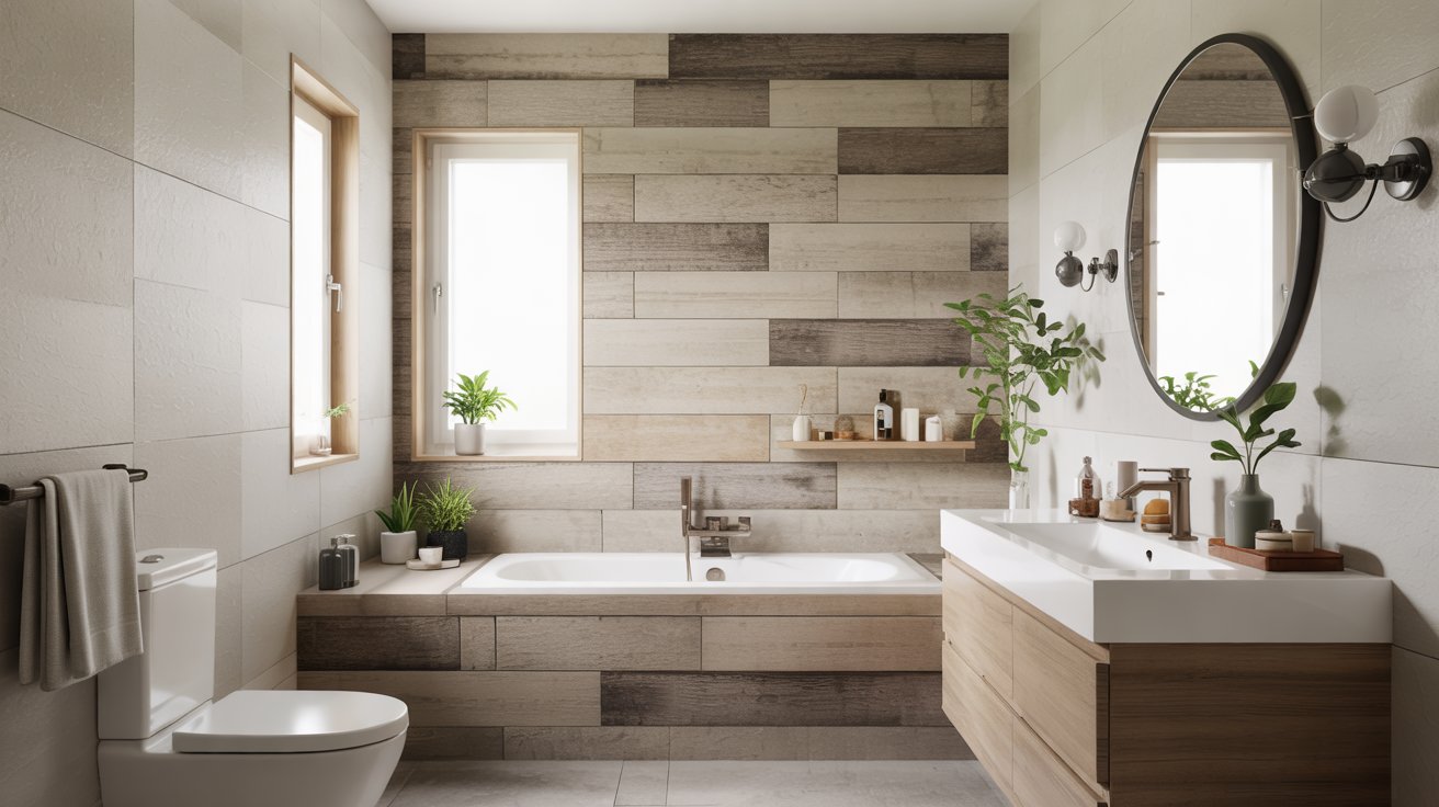 Bathroom with a horizontal wood-look tile accent wall behind a white soaking tub and floating vanity.