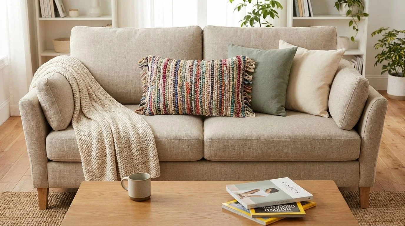 Woven fabric-strip pillow cover styled on a living room sofa.